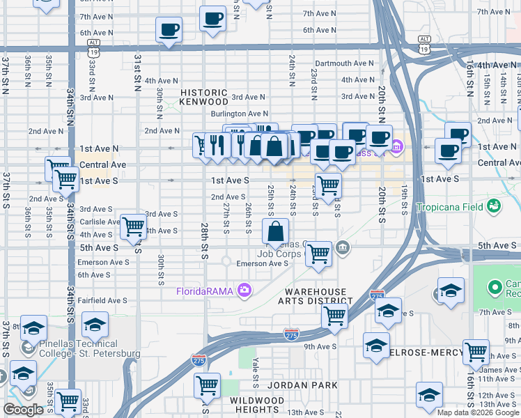 map of restaurants, bars, coffee shops, grocery stores, and more near 2534 3rd Avenue South in St. Petersburg