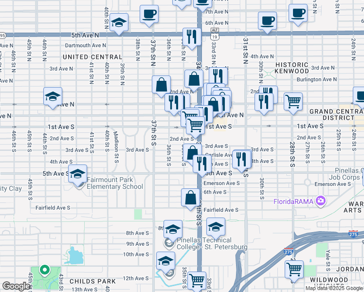 map of restaurants, bars, coffee shops, grocery stores, and more near 225 35th Street South in Saint Petersburg