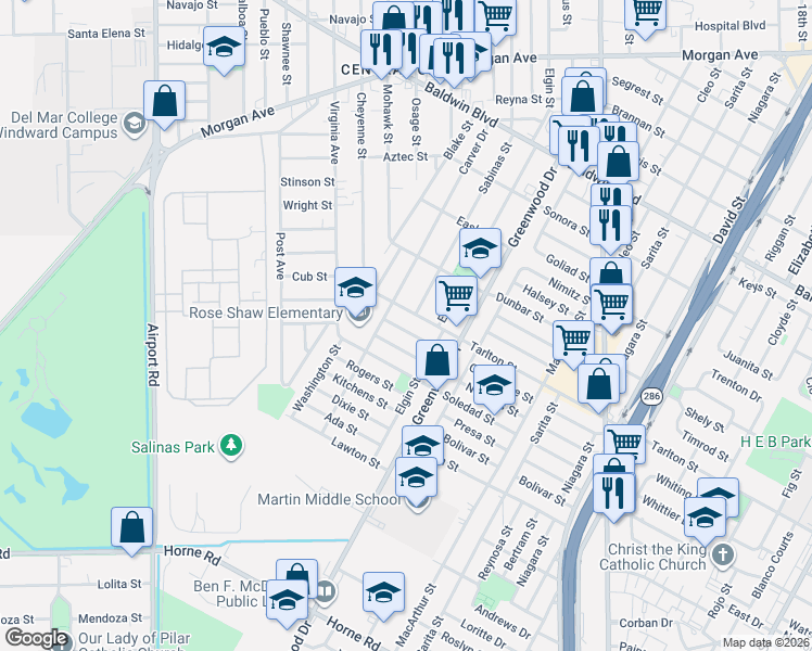 map of restaurants, bars, coffee shops, grocery stores, and more near 2741 Guadalupe Street in Corpus Christi