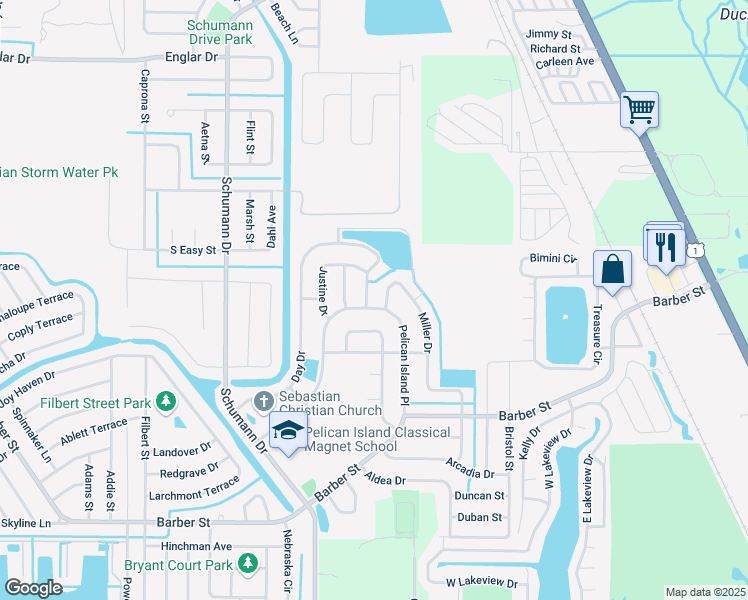 map of restaurants, bars, coffee shops, grocery stores, and more near 140 Pelican Island Place in Sebastian