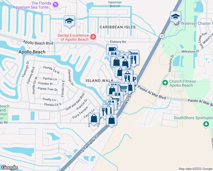 map of restaurants, bars, coffee shops, grocery stores, and more near 205 Island Water Way in Apollo Beach