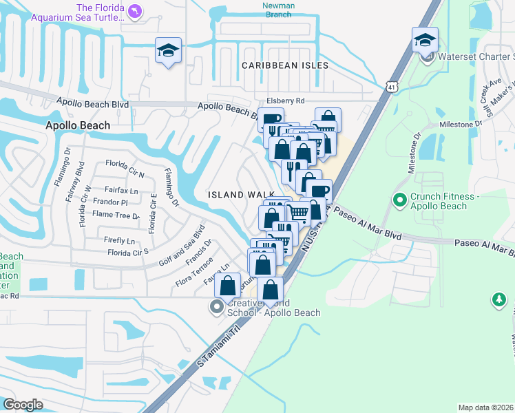 map of restaurants, bars, coffee shops, grocery stores, and more near 205 Island Water Way in Apollo Beach