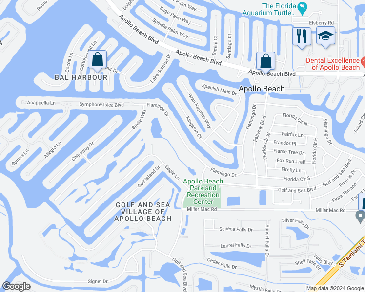 map of restaurants, bars, coffee shops, grocery stores, and more near 722 Flamingo Drive in Apollo Beach
