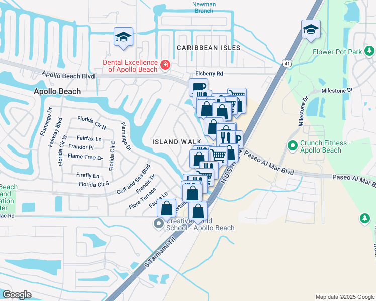 map of restaurants, bars, coffee shops, grocery stores, and more near 213 Island Water Way in Apollo Beach