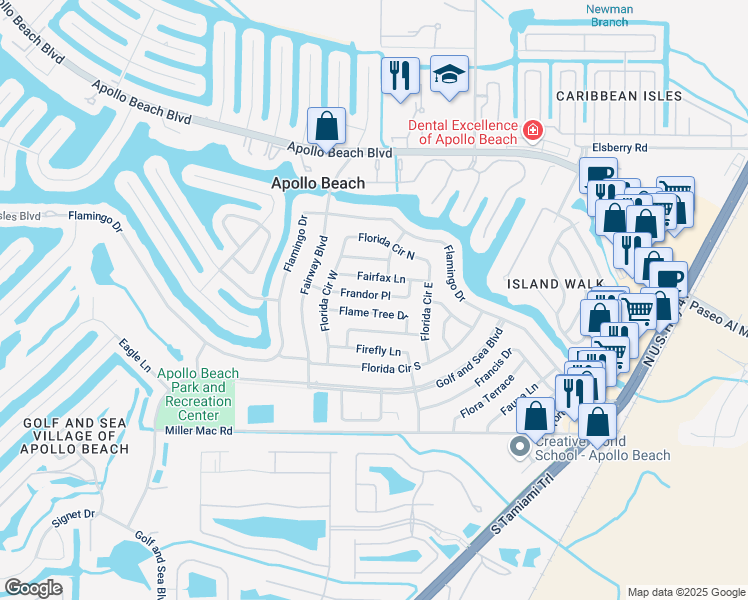 map of restaurants, bars, coffee shops, grocery stores, and more near 528 Flame Tree Drive in Apollo Beach