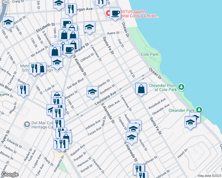 map of restaurants, bars, coffee shops, grocery stores, and more near 409 Louisiana Avenue in Corpus Christi