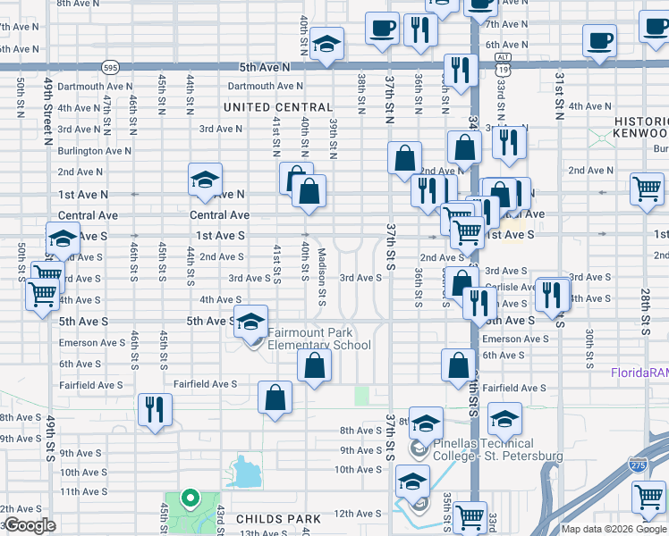 map of restaurants, bars, coffee shops, grocery stores, and more near 301 39th Street South in St. Petersburg