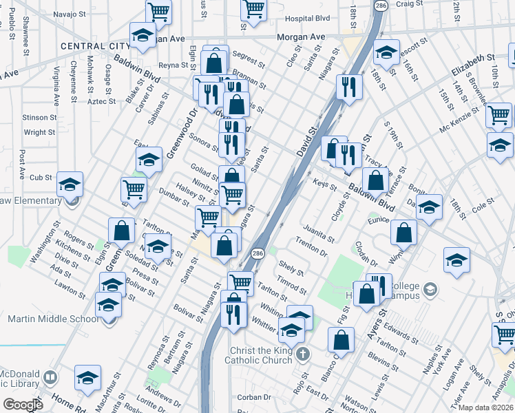 map of restaurants, bars, coffee shops, grocery stores, and more near 2922 Niagara Street in Corpus Christi