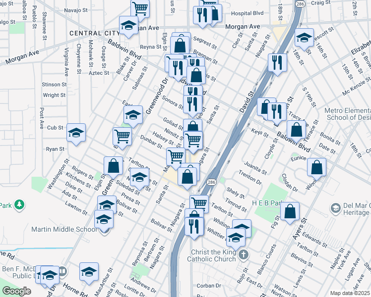 map of restaurants, bars, coffee shops, grocery stores, and more near 2935 South Port Avenue in Corpus Christi