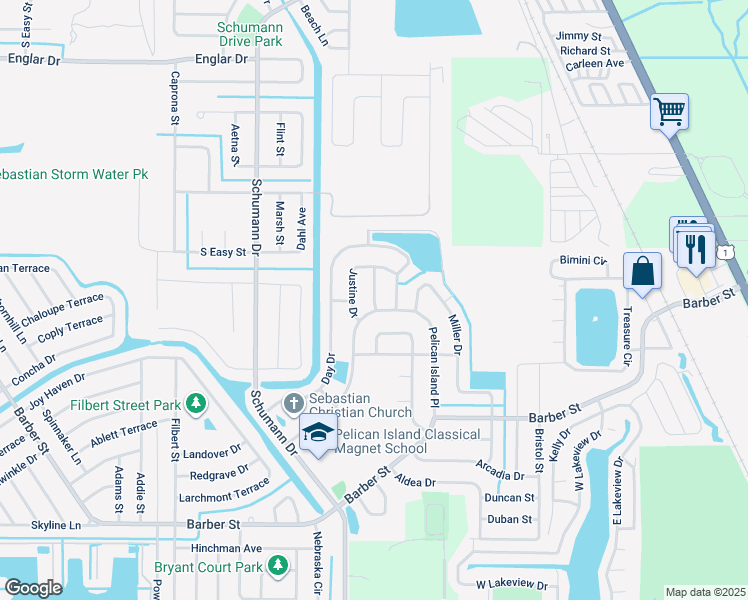 map of restaurants, bars, coffee shops, grocery stores, and more near 105 Paddock Street in Sebastian