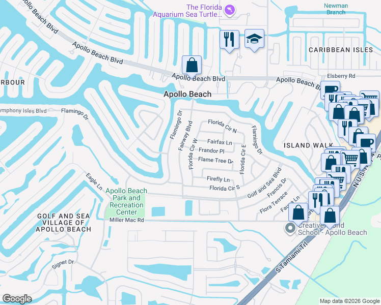 map of restaurants, bars, coffee shops, grocery stores, and more near Florida Circle West in Apollo Beach