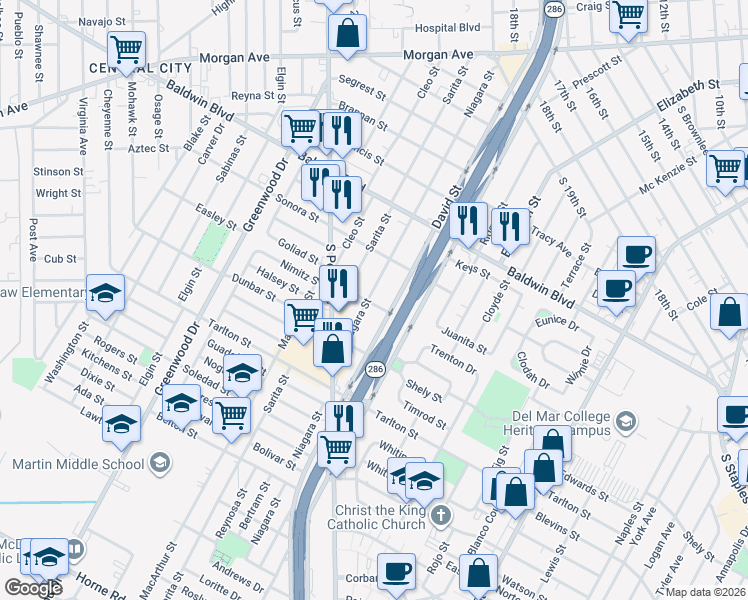 map of restaurants, bars, coffee shops, grocery stores, and more near 2922 Niagara Street in Corpus Christi