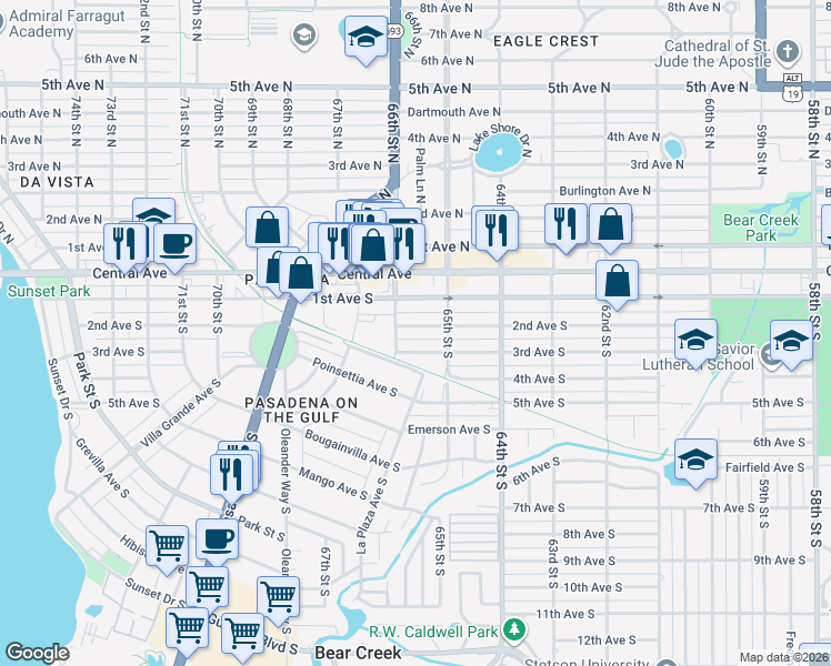 map of restaurants, bars, coffee shops, grocery stores, and more near 6566 1st Avenue South in St. Petersburg