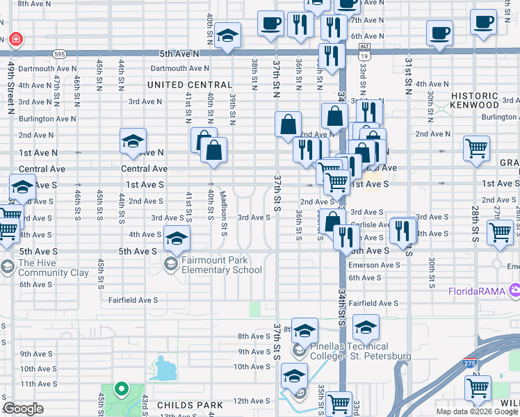 map of restaurants, bars, coffee shops, grocery stores, and more near 131 Kingston Street South in St. Petersburg