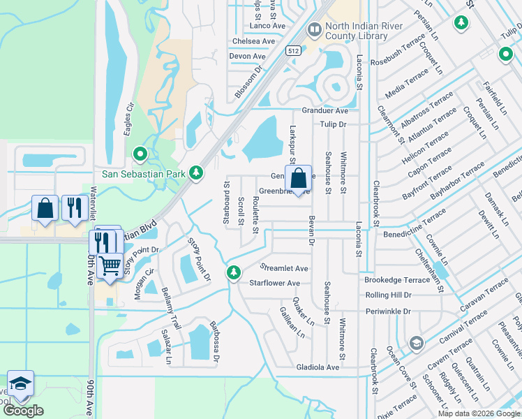 map of restaurants, bars, coffee shops, grocery stores, and more near 990 Greenbrier Avenue in Sebastian