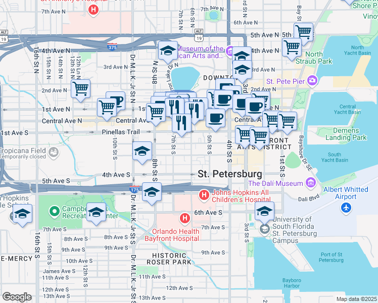 map of restaurants, bars, coffee shops, grocery stores, and more near 653 2nd Avenue South in St. Petersburg
