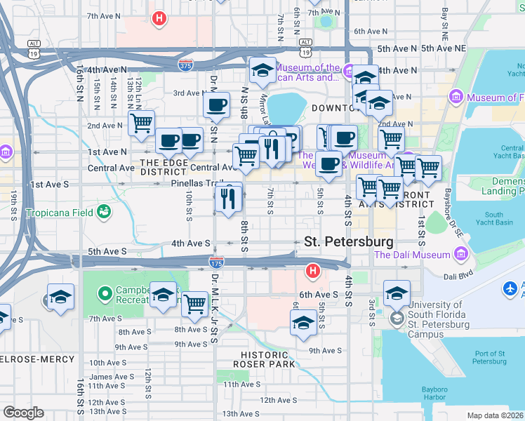 map of restaurants, bars, coffee shops, grocery stores, and more near 742 2nd Avenue South in St. Petersburg