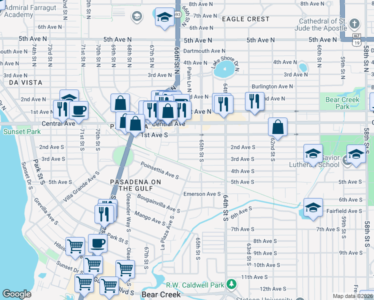 map of restaurants, bars, coffee shops, grocery stores, and more near 6566 1st Avenue South in St. Petersburg