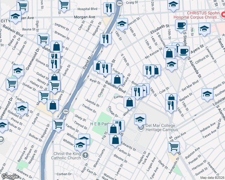 map of restaurants, bars, coffee shops, grocery stores, and more near 2637 Lynch Street in Corpus Christi