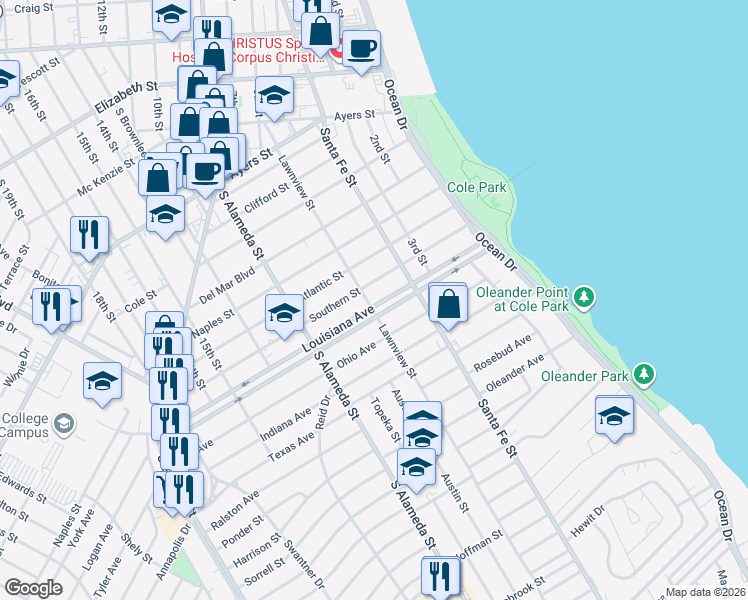 map of restaurants, bars, coffee shops, grocery stores, and more near 342 Louisiana Avenue in Corpus Christi
