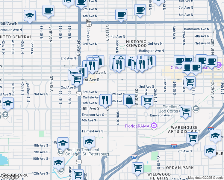 map of restaurants, bars, coffee shops, grocery stores, and more near 3050 1st Avenue South in St. Petersburg