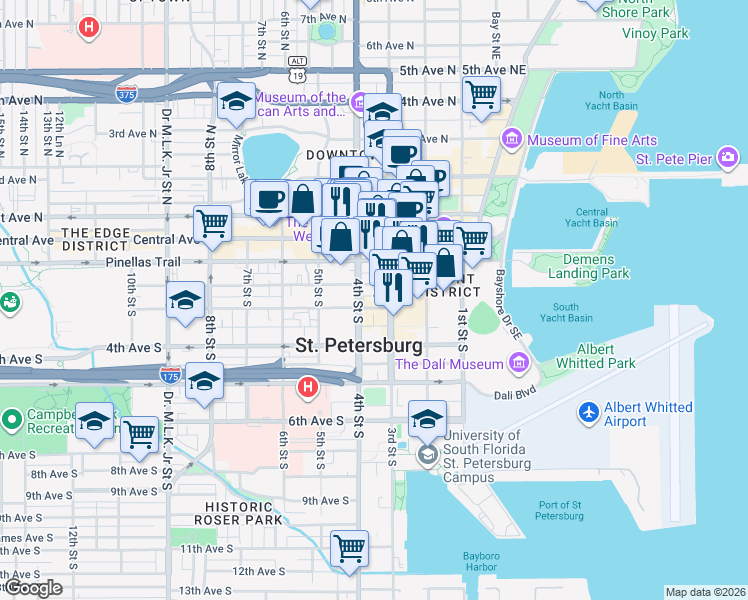 map of restaurants, bars, coffee shops, grocery stores, and more near 235 3rd Street South in St. Petersburg