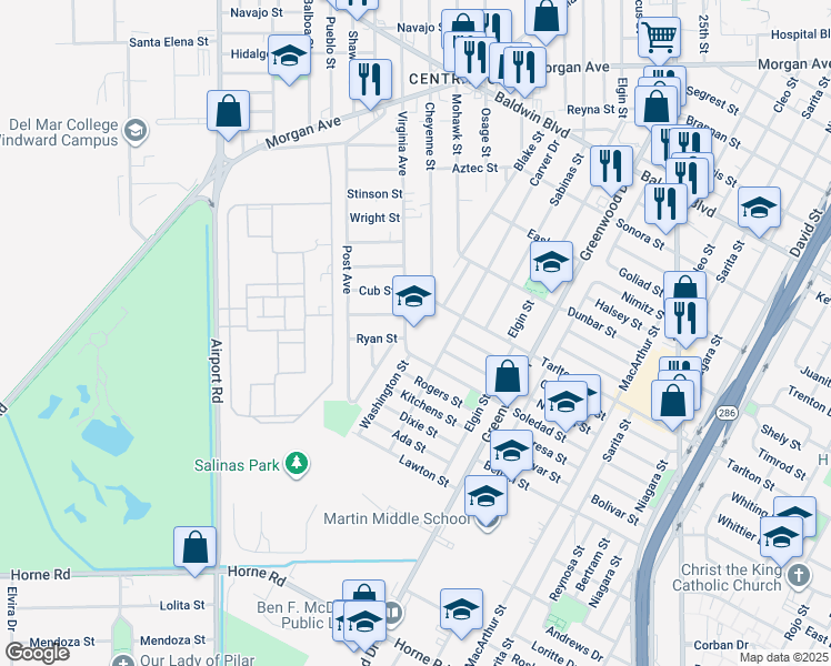 map of restaurants, bars, coffee shops, grocery stores, and more near 2920 Soledad Street in Corpus Christi