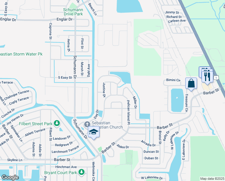 map of restaurants, bars, coffee shops, grocery stores, and more near 102 Justine Drive in Sebastian