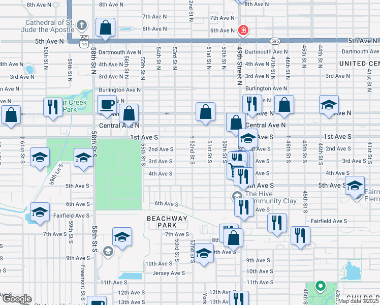 map of restaurants, bars, coffee shops, grocery stores, and more near 5200 2nd Avenue South in Saint Petersburg