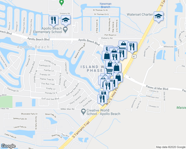 map of restaurants, bars, coffee shops, grocery stores, and more near 211 Lakeway Lane in Apollo Beach