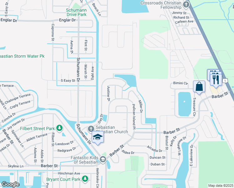 map of restaurants, bars, coffee shops, grocery stores, and more near 102 Justine Drive in Sebastian