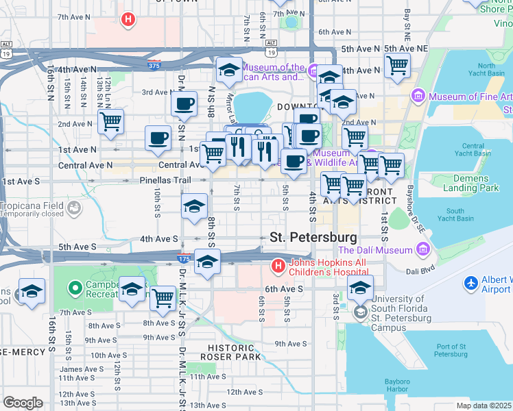 map of restaurants, bars, coffee shops, grocery stores, and more near 653 2nd Avenue South in St. Petersburg