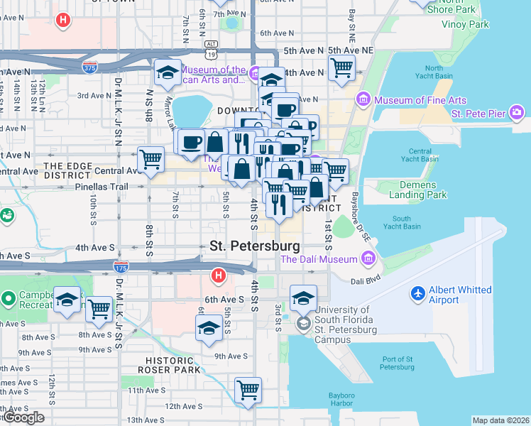 map of restaurants, bars, coffee shops, grocery stores, and more near 333 2nd Avenue South in St. Petersburg