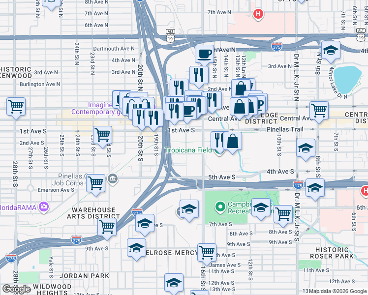 map of restaurants, bars, coffee shops, grocery stores, and more near 1439 17th Street South in Saint Petersburg