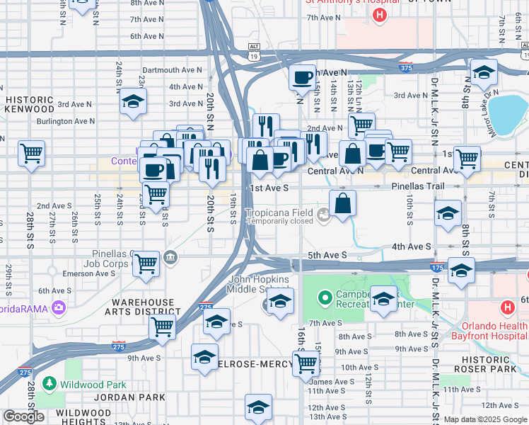 map of restaurants, bars, coffee shops, grocery stores, and more near 116 18th Avenue South in St. Petersburg