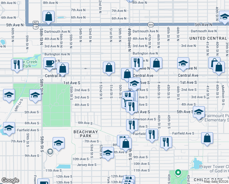 map of restaurants, bars, coffee shops, grocery stores, and more near 5101 2nd Avenue South in St. Petersburg