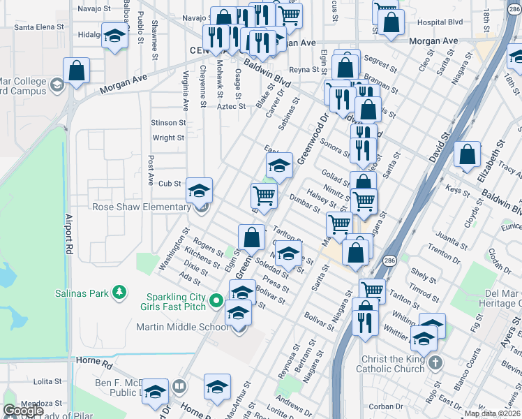 map of restaurants, bars, coffee shops, grocery stores, and more near 3029 Elgin Street in Corpus Christi