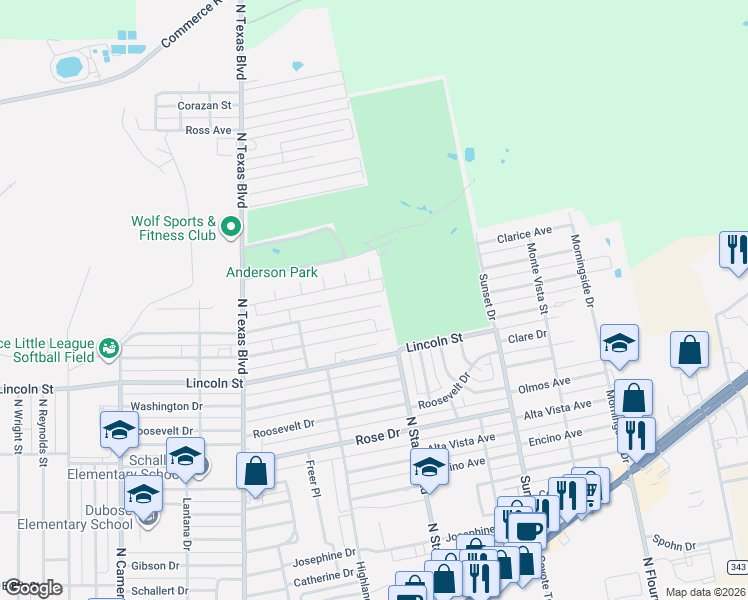 map of restaurants, bars, coffee shops, grocery stores, and more near 1310 Woodworth Drive in Alice