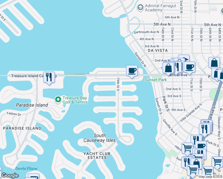 map of restaurants, bars, coffee shops, grocery stores, and more near 99 79th Street South in St. Petersburg