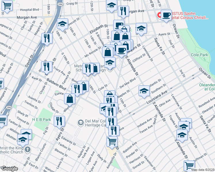 map of restaurants, bars, coffee shops, grocery stores, and more near 1736 16th Street in Corpus Christi