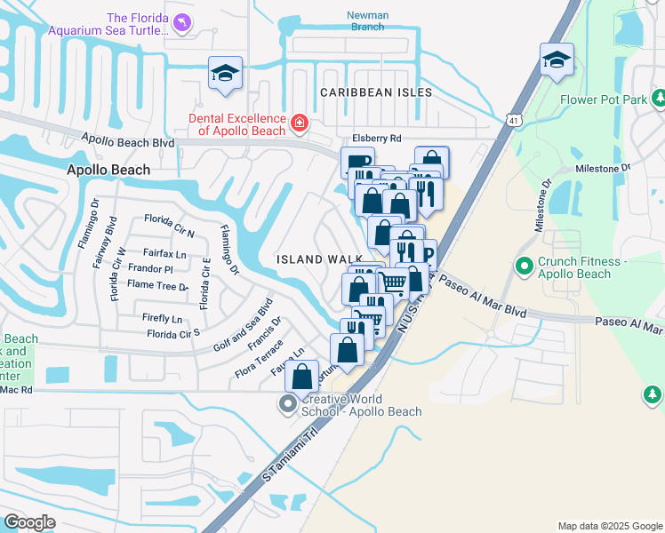 map of restaurants, bars, coffee shops, grocery stores, and more near 119 Island Water Way in Apollo Beach
