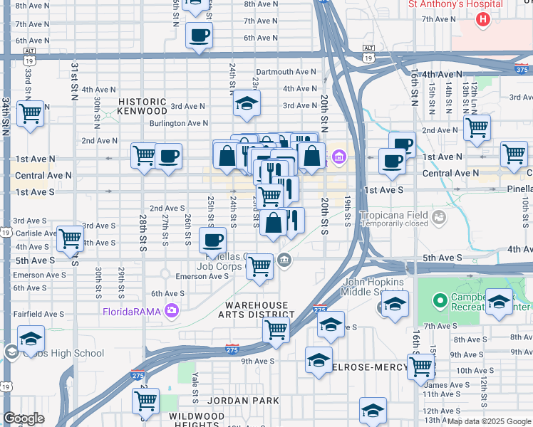 map of restaurants, bars, coffee shops, grocery stores, and more near 2221 2nd Avenue South in St. Petersburg