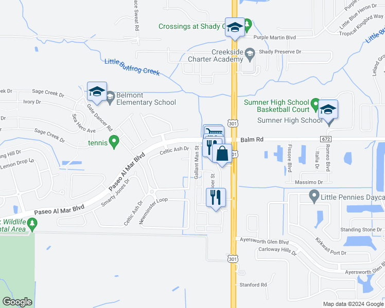 map of restaurants, bars, coffee shops, grocery stores, and more near 10205 Celtic Ash Drive in Ruskin