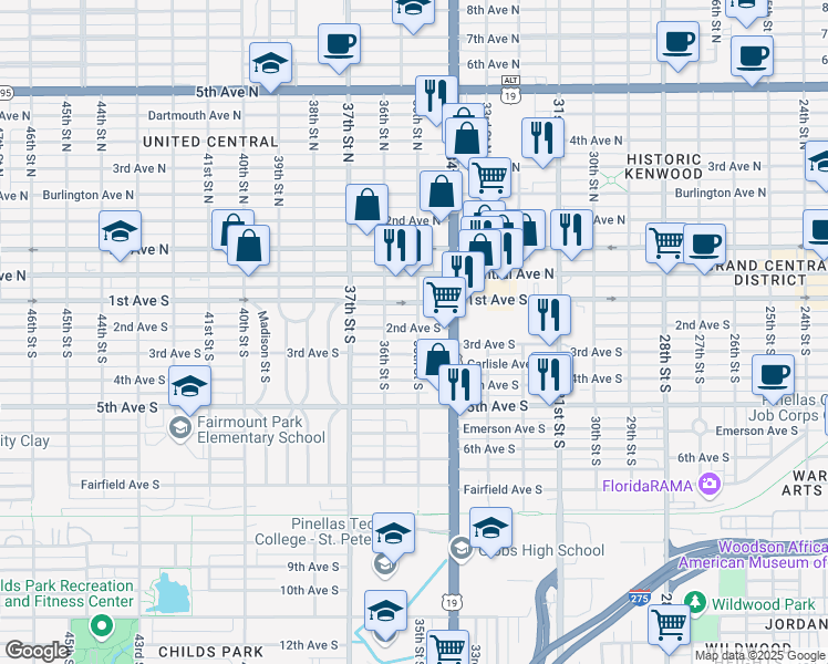 map of restaurants, bars, coffee shops, grocery stores, and more near 3526 1st Avenue South in St. Petersburg