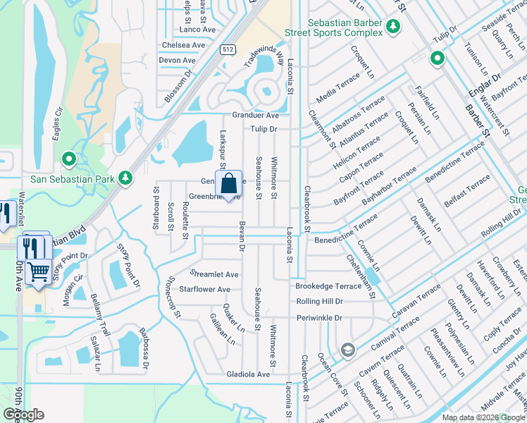 map of restaurants, bars, coffee shops, grocery stores, and more near 1341 Whitmore Street in Sebastian