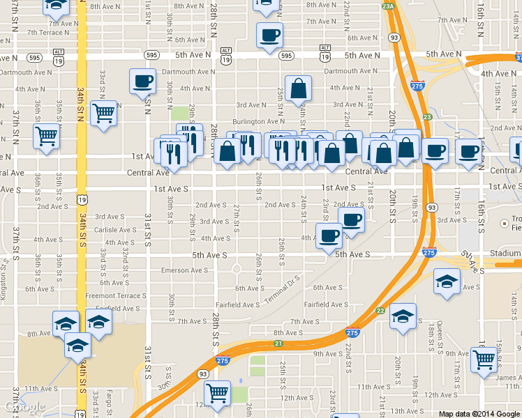 map of restaurants, bars, coffee shops, grocery stores, and more near 2545 2nd Avenue South in St. Petersburg