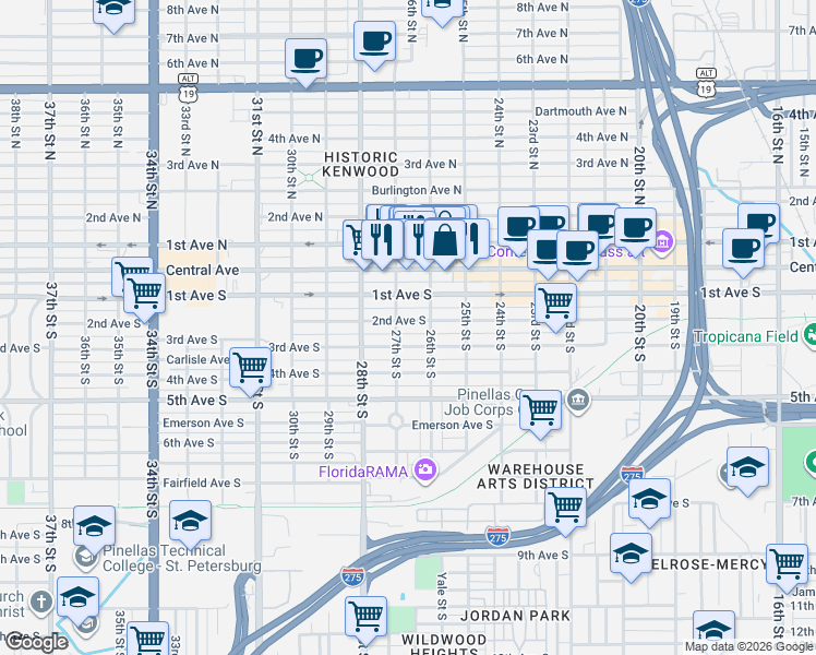 map of restaurants, bars, coffee shops, grocery stores, and more near 2651 2nd Avenue South in St. Petersburg
