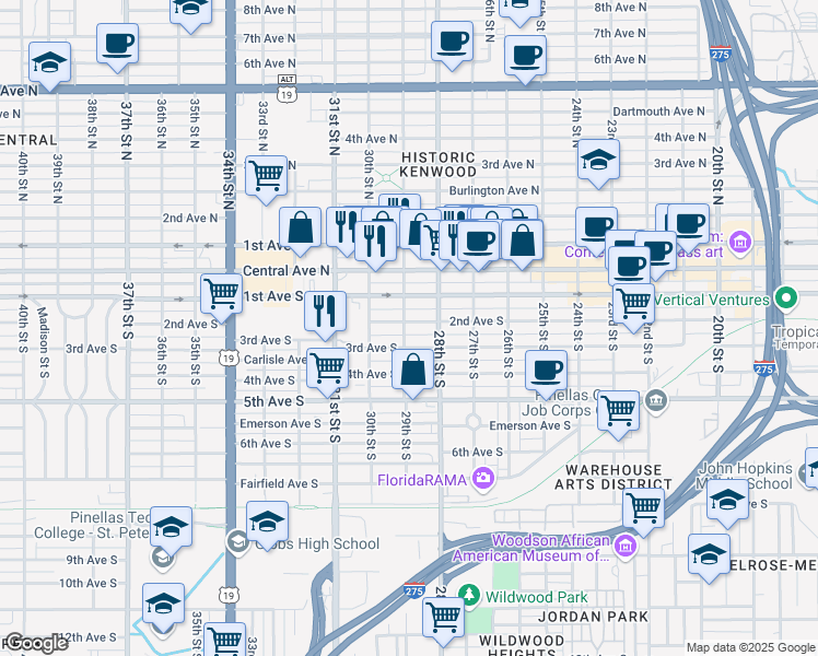 map of restaurants, bars, coffee shops, grocery stores, and more near 2861 2nd Avenue South in St. Petersburg