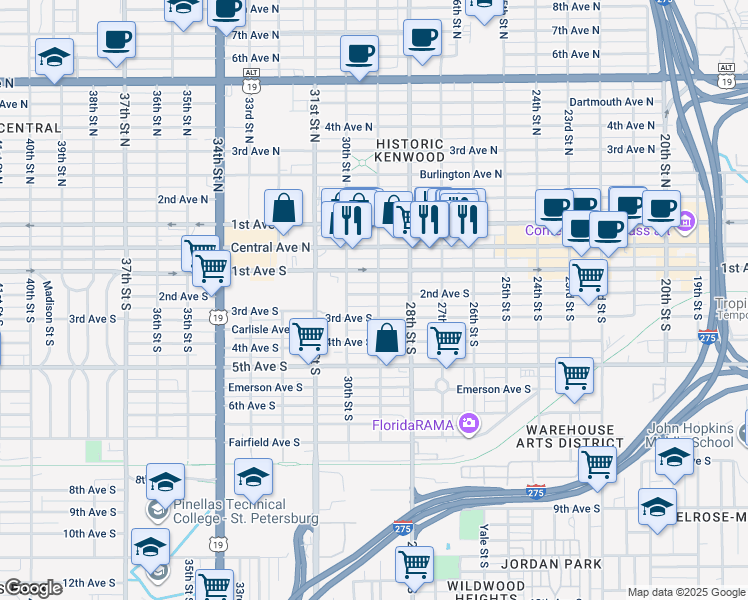 map of restaurants, bars, coffee shops, grocery stores, and more near 2861 2nd Avenue South in St. Petersburg