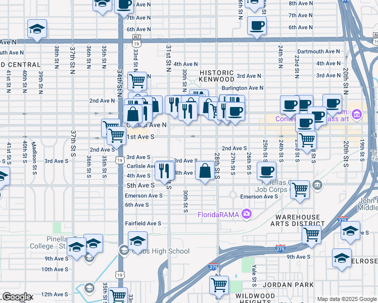 map of restaurants, bars, coffee shops, grocery stores, and more near 3050 1st Avenue South in St. Petersburg
